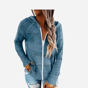 Women's Zip-Up Hoodie Blue Knit Lightweight Sweater Size Small